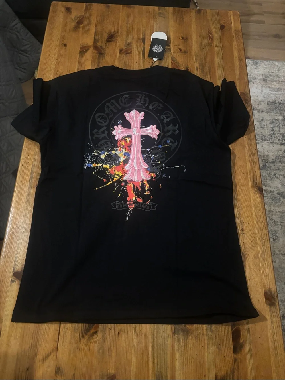 Chrome Hearts Men’s Black T‑Shirt with Pink Cross Graphic
